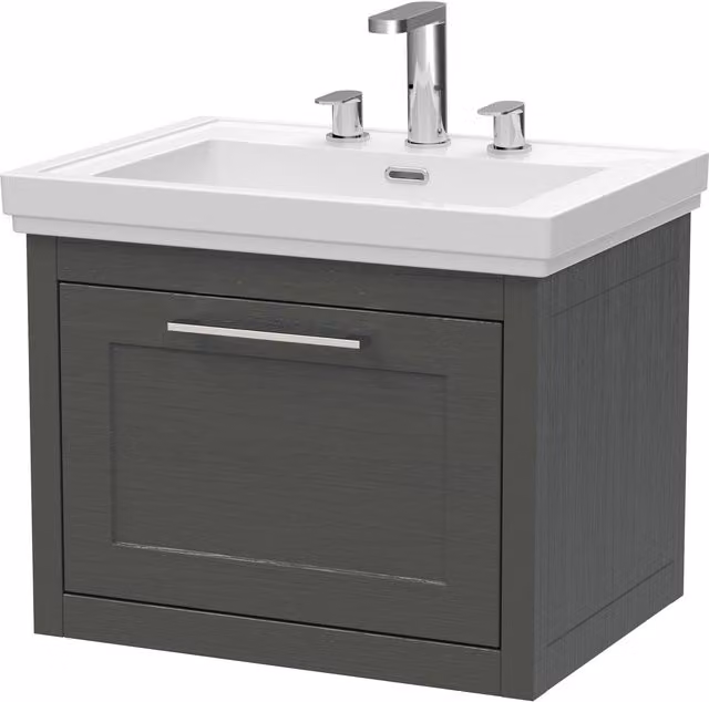 Balterley Wall Hung 1 Drawer Vanity Unit and 3TH Fireclay Basin, Dark Grey, Width: 60 cm