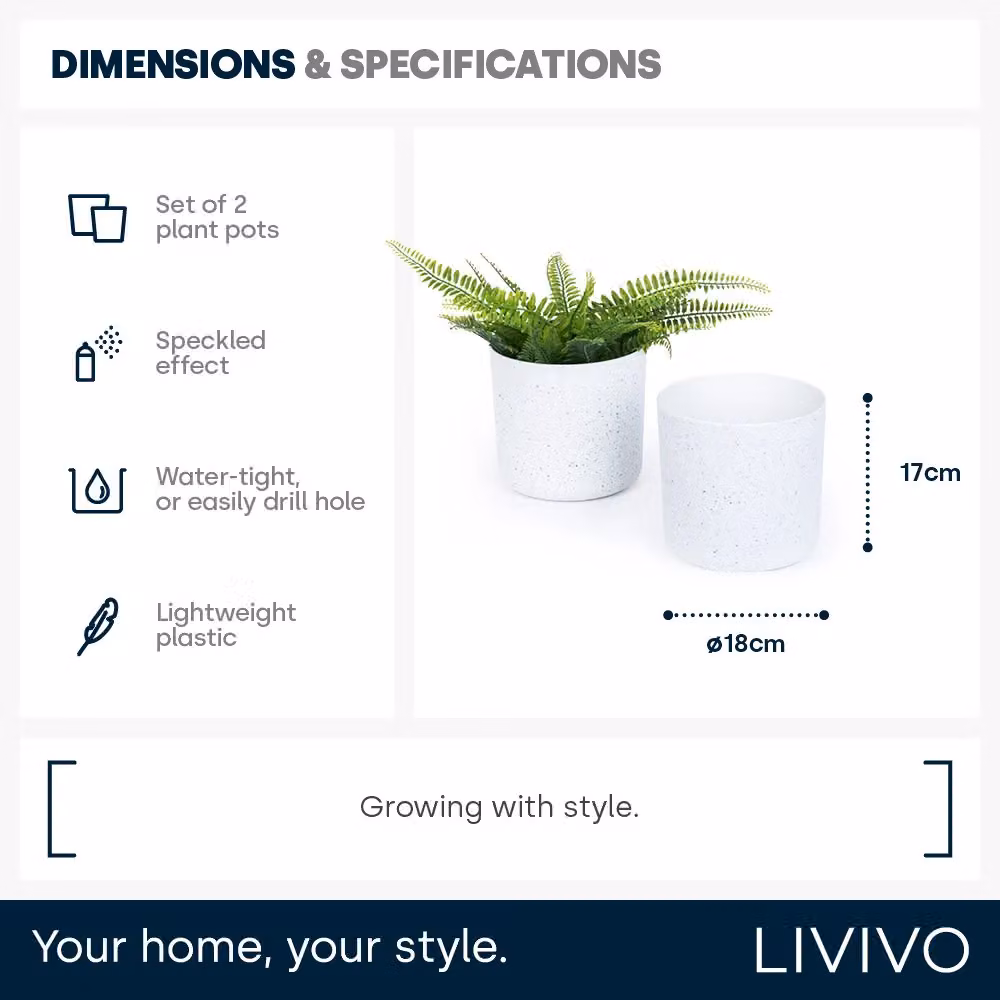 Livivo Round Plastic Plant Pot in Grey and White, Diameter: 18 cm – 5