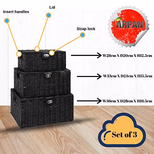 Arpan Set of 3 Resin Woven Storage Basket Boxes with Lid and Lock in Black – 4