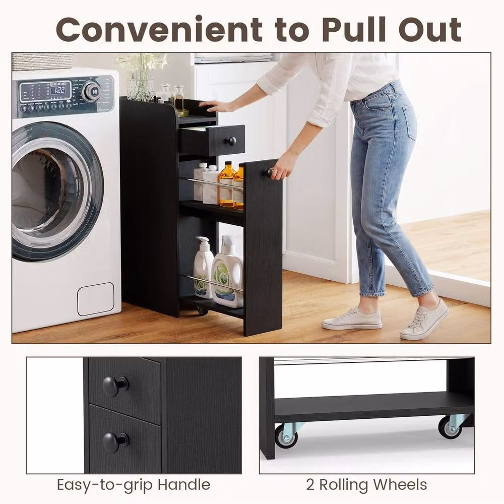 Costway Narrow Freestanding Bathroom Storage Floor Cabinet with Slide-Out Drawer and Hinged Doors in Black – 7
