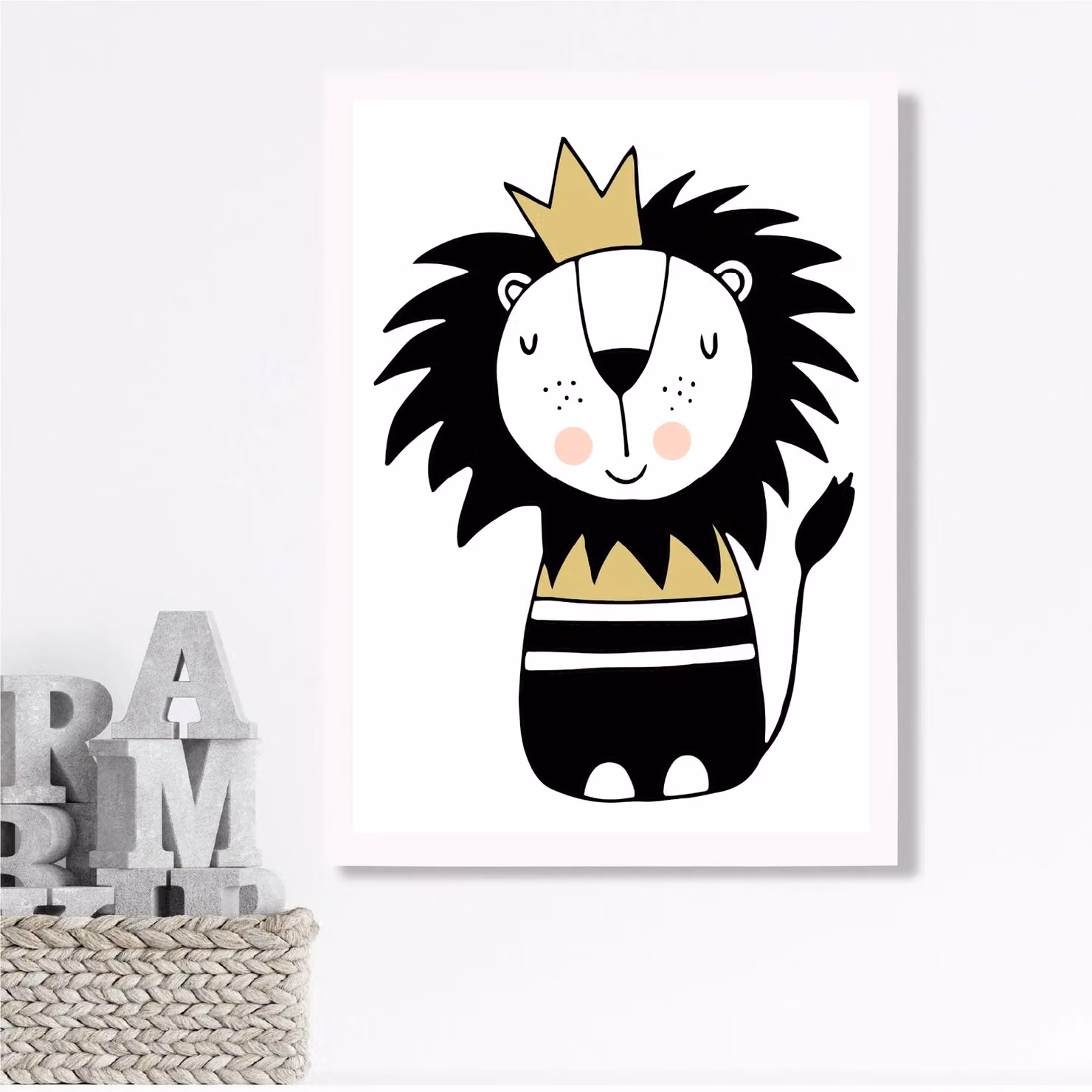 ARTZE Cute Lion Scandi Animal Framed Print, Yellow and White – 2