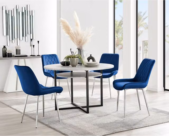 Furniturebox Adley Grey Concrete Effect Round Storage Dining Table and 4 Pesaro Navy Velvet Chairs with Silver X-Frame Legs