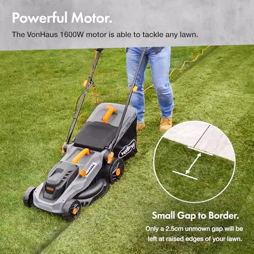 VonHaus 1600W Electric Corded Lawn Mower with 42L Collection Bag and 380mm Working Width in Grey, Black and Orange – 2