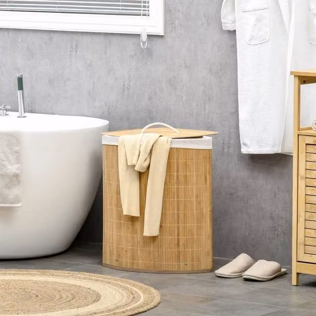 EONLION Natural Bamboo Laundry Basket with Lid and Removable Cotton Bag, 55L, Beige/Brown