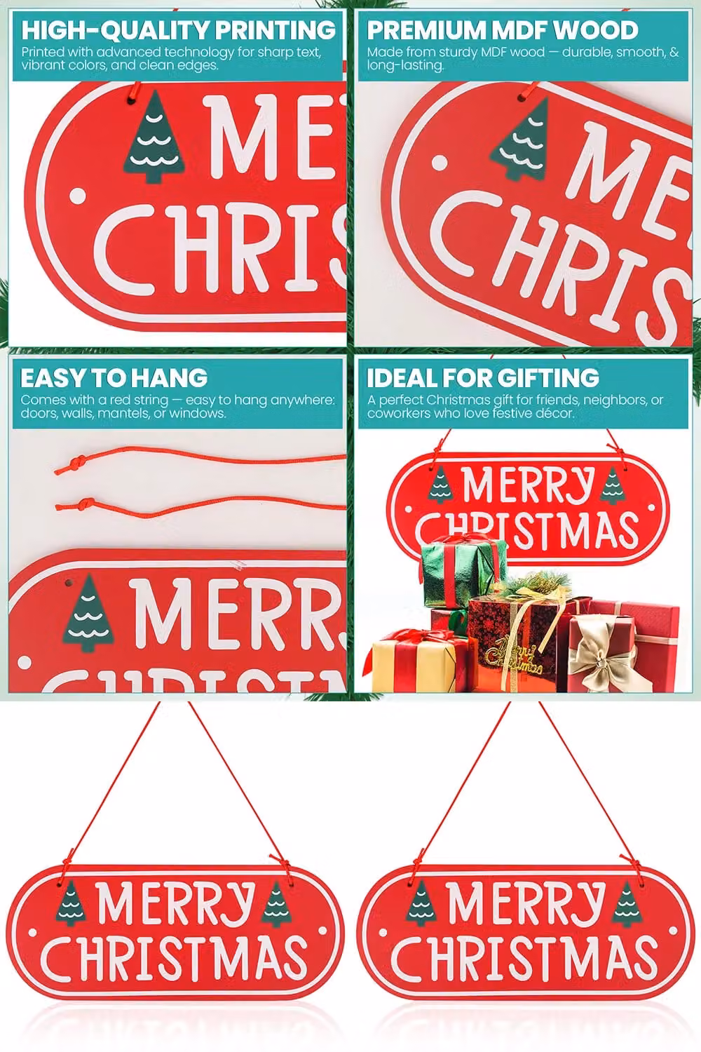 Neel Blue Oval Wooden Christmas Hanging Wall Plaque in Red, White and Green, W: 30 cm, H: 12 cm – 3