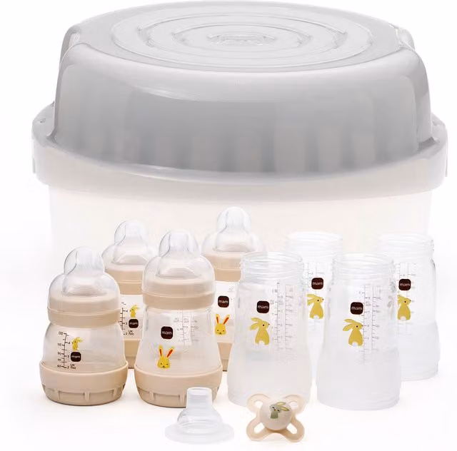 MAM Easy Start Wide Neck Bottle and Microwave Steriliser Set in Grey and Multicolour