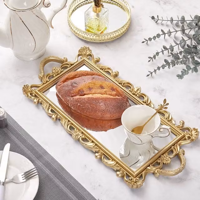 Livingandhome Rectangular Gold Serving Tray with Mirrored Glass Base