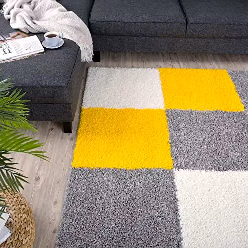 THE RUGS Modern Checked Shaggy Area Rug in Yellow and Grey, W/D/H: 170 x 120 x 3 cm – 5
