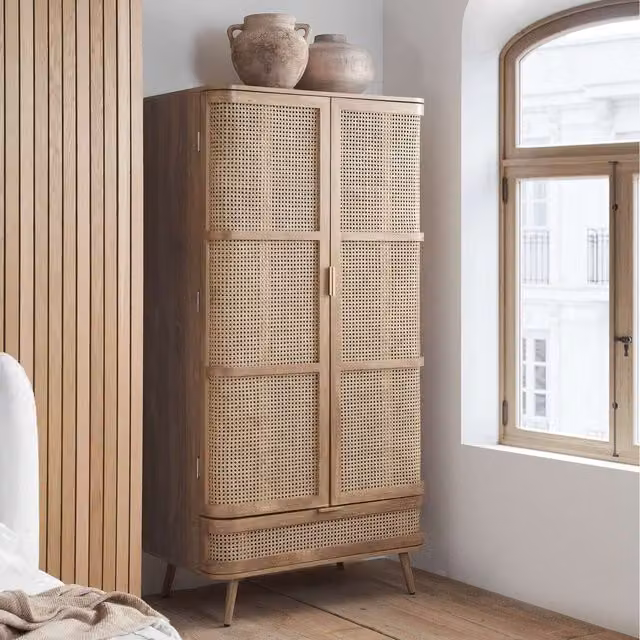 Birlea Sark Mid Century Modern 2 Door Rattan Wardrobe with 1 Drawer in Oak and Brown
