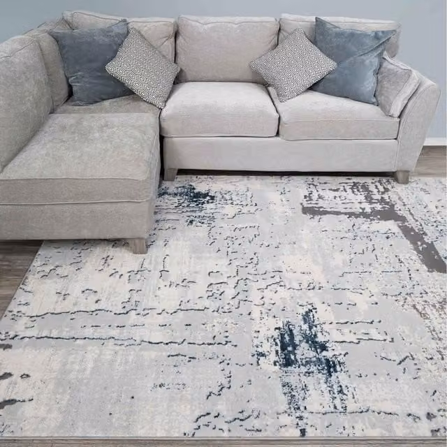 The Rug House Modern Abstract Area Rug in Silver, Blue and Grey, W: 150 cm, D: 80 cm