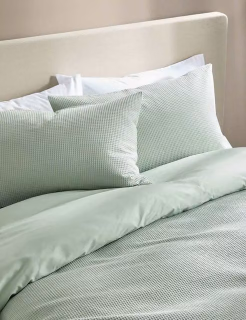 M&S Green Pure Cotton Waffle Duvet Cover and Pillowcase Set, W: 180 cm, H: 200 cm