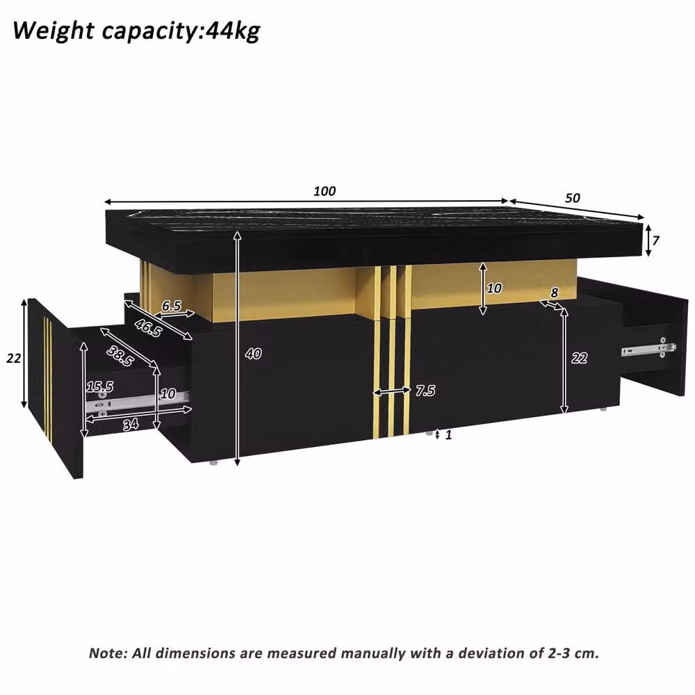 BTM Modern Rectangular Table with Marble Top and Wood Drawers in Black, W/D/H: 50 x 40 x 30 cm – 2