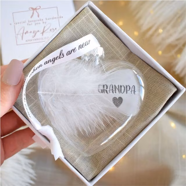 Amaya Rose Ltd In Memory of Grandpa Feather Heart Glass Bauble in White and Transparent