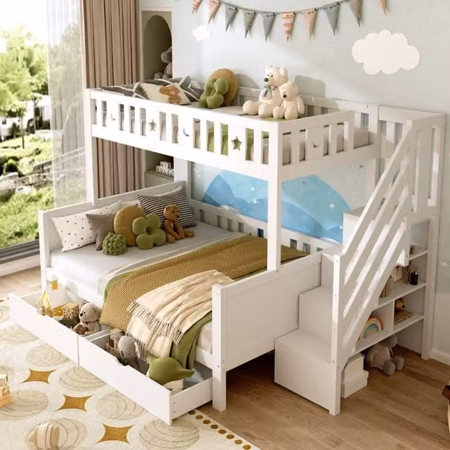 Matteo Solid Wood Double Bunk Bed with Storage Drawers and Stairs in White