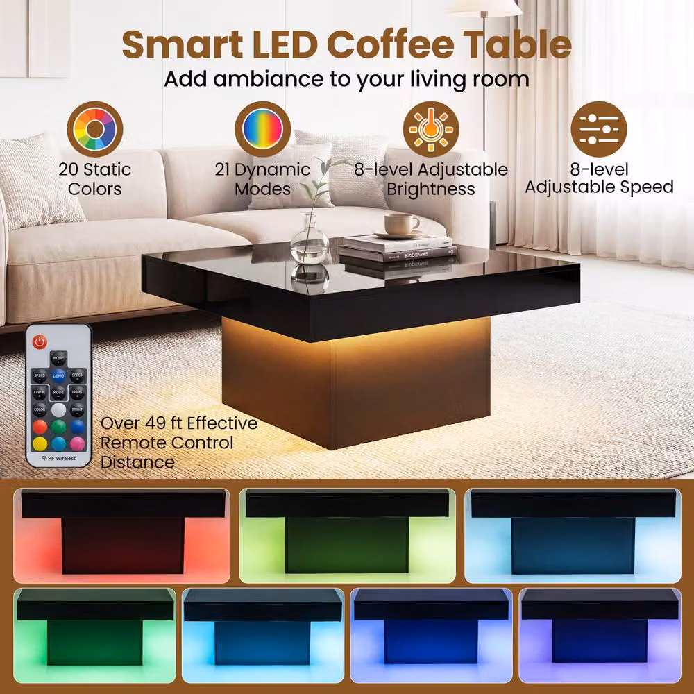 Gymax Square LED Coffee Table with Remote and 21 Dynamic Modes in Black Wood Finish – 6