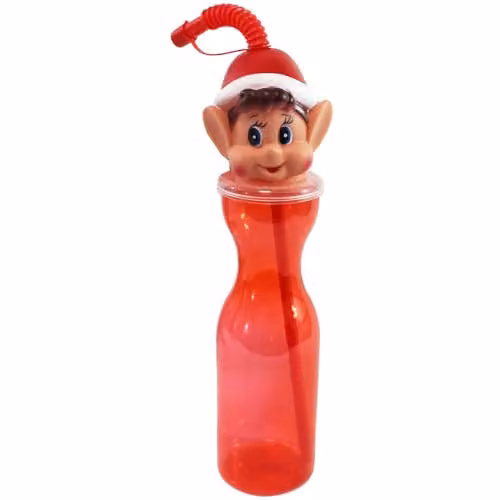 PMS Red Plastic Elf Head Water Bottle with Flexistraw, 500 ml
