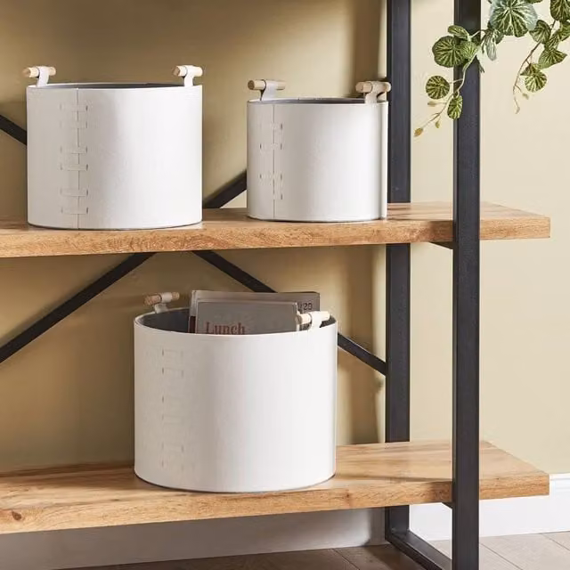Wyld and Coco 3-Piece White Faux Leather Storage Baskets with Handles