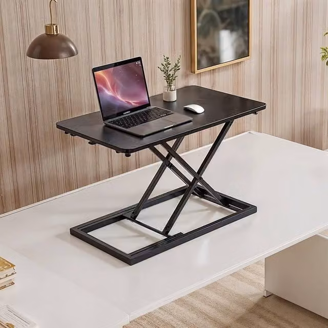 KORVIXA Black Height Adjustable Computer Desk with X-Frame Metal Design, W/D: 100 x 100 cm – 1