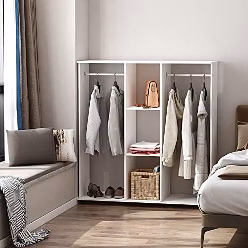 HOMCOM Double Mobile Open Wardrobe with Clothes Hanging Rails and Storage Shelves, White, W/D/H: 120 x 40 x 128 cm – 3
