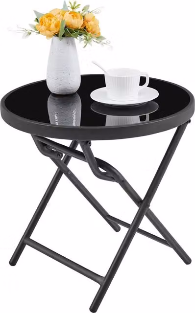 Yaheetech Modern Outdoor Folding Side Table with Black Glass and Metal Top