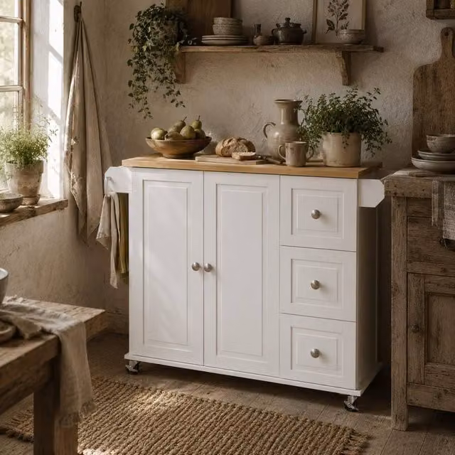 Wyld Haus White Rolling Kitchen Island with Drop Leaf and Drawers, Rubberwood, W/D/H: 91.5 x 64 x 115 cm