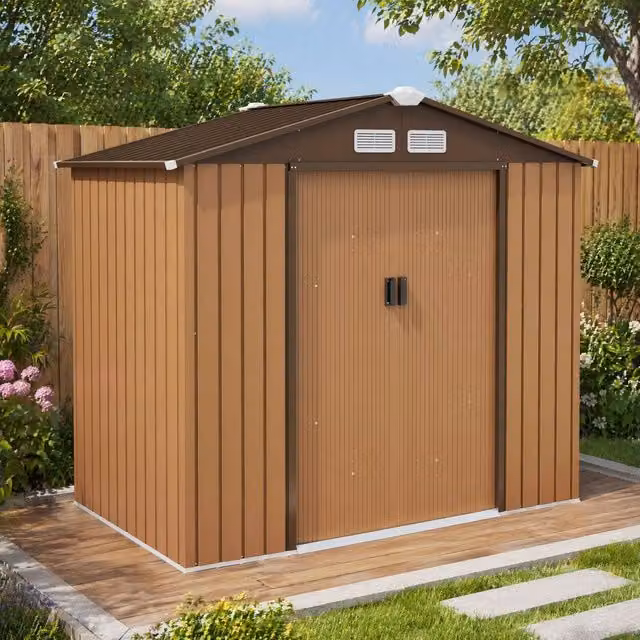 STILVORA Brown Pent Garden Storage Shed with Sliding Doors and Galvanised Steel Construction, W/D/H: 235 x 127 x 185 cm