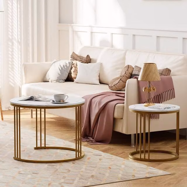 Huhote Set of 2 Round Nesting Side Tables with Gold Metal Frame and Marble Finish Top – 1