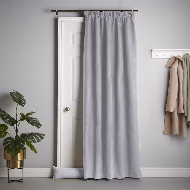 Livinluxury Silver Velvet Chenille Thermal Fleece Lined Blackout Pencil Pleat Taped Top Door Curtain