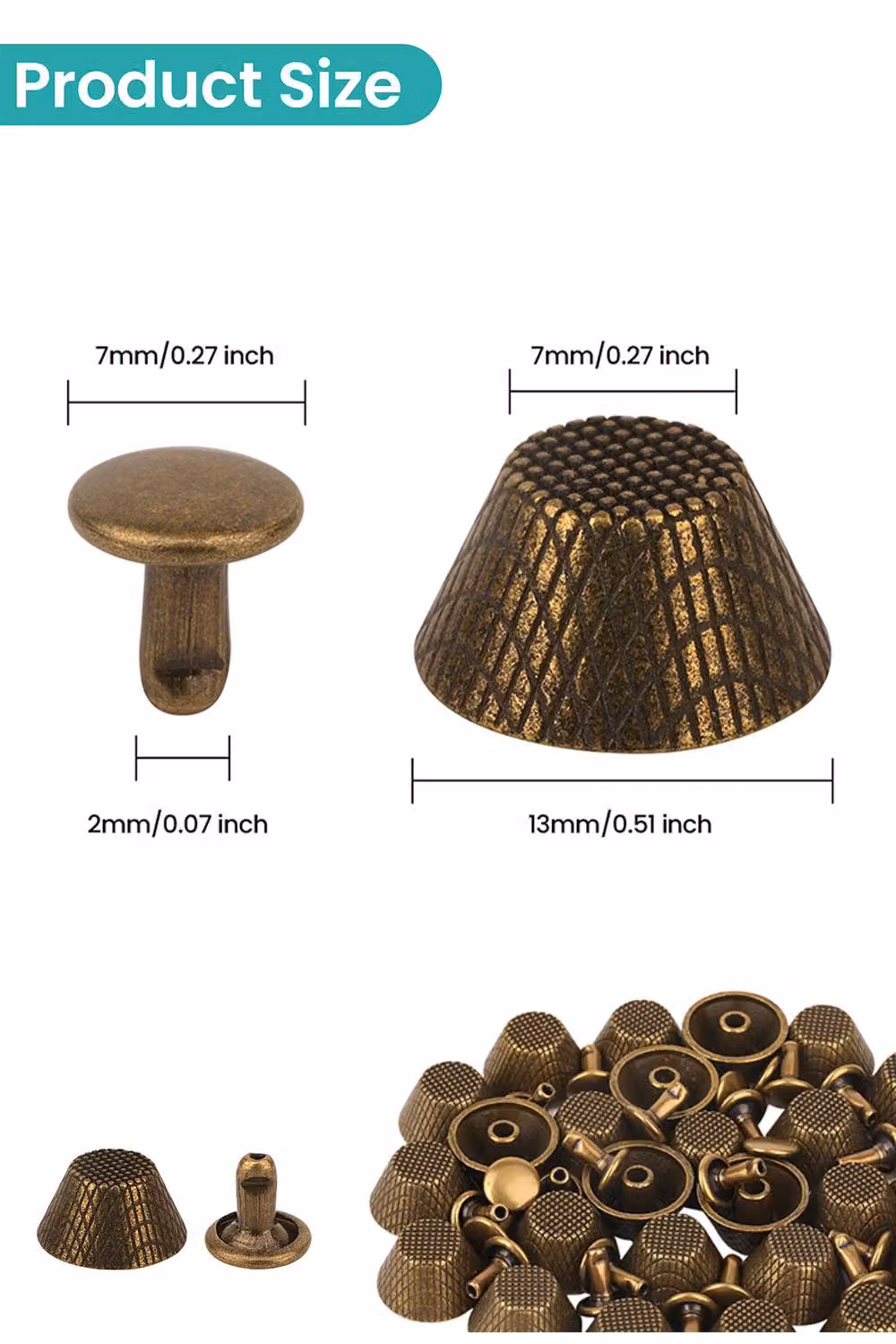 Neel Blue Etched Mushroom Bag Feet Rivets with 9mm Tubular Studs, 14mm, Bronze, 25pcs – 2