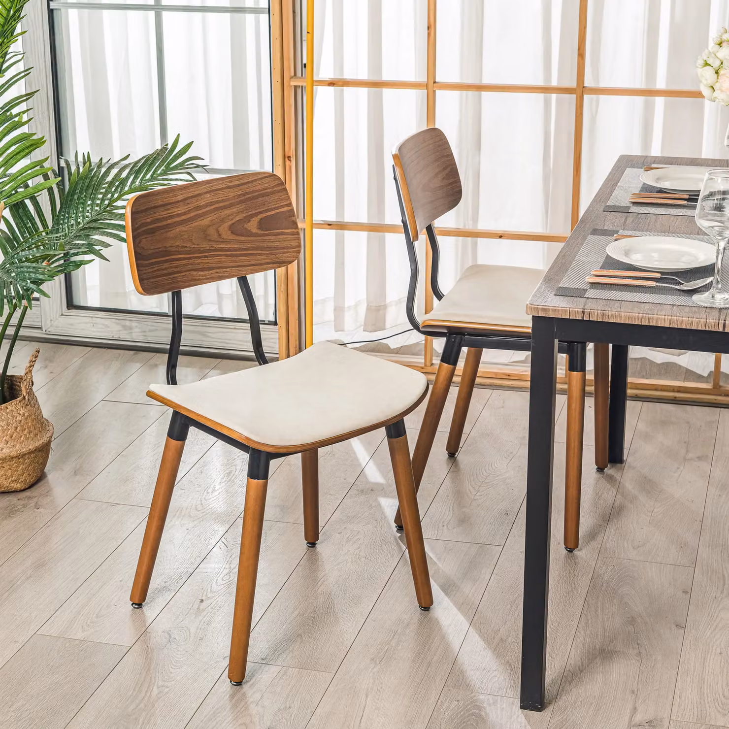 Nordlys Set of 2 Scandinavian Style Wooden Dining Chairs in Beige and White – 2