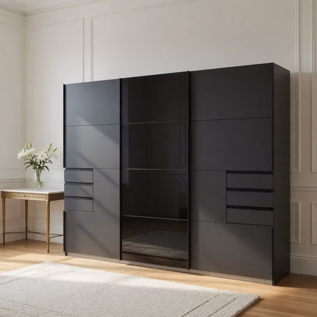 Saigon 3 Door Sliding Wardrobe in Graphite with Glass Doors and Internal Shelving
