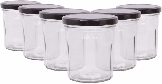 Argon Tableware Set of 6 Transparent Glass Jam Jars with Black Metal Screw Lids, 250ml Each – 1