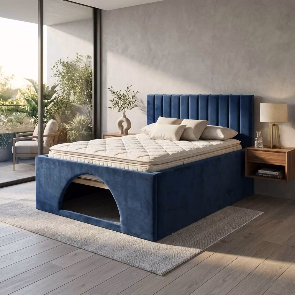 Soft Snooze Beds Modern Upholstered Velvet Bed Frame with Built-in Dog Bed and Lift-up Storage in Silver, W/D/H: 120 x 200 cm – 2