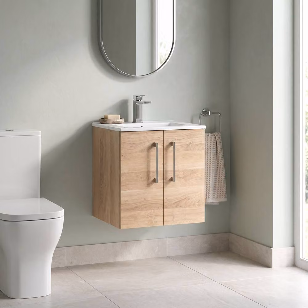 Balterley Wall Hung Bathroom Vanity Unit with 2 Soft Close Doors in Bleached Oak Brown – 2
