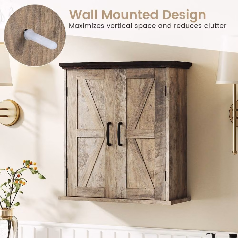Costway Grey Farmhouse Wall Mounted Bathroom and Kitchen Cabinet with 2 Hinged Doors and Internal Shelves – 7