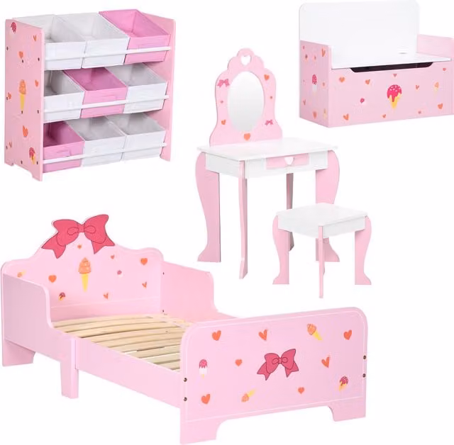 ZONEKIZ 5 Piece Princess Themed Kids Bedroom Furniture Set in Pink