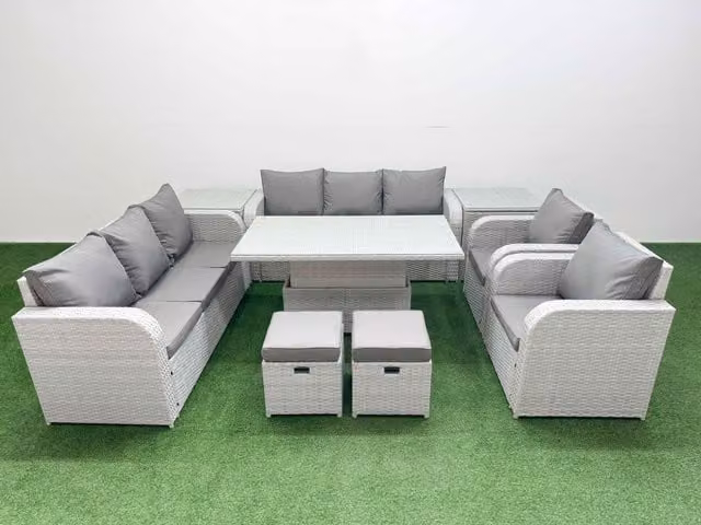 Fimous Grey PE Rattan Patio Lounge Set with 3 Seater Sofa, Reclining Armchairs, Ottoman and Coffee Table