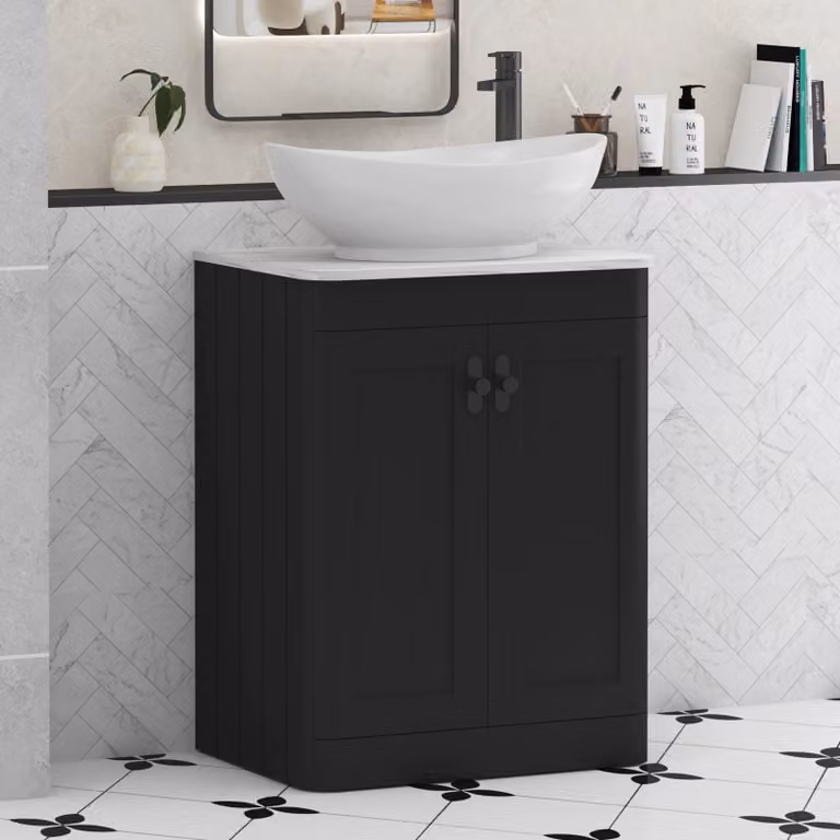 Royal Bathrooms Henley Matt Nocturne Black Floor Standing 2 Door Vanity Unit with Carrara White Worktop
