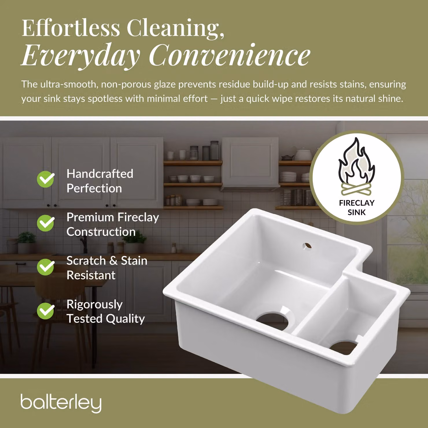 Balterley White Ceramic 1.5 Bowl Left Hand Undermount Kitchen Sink, Width: 45.7 cm – 4