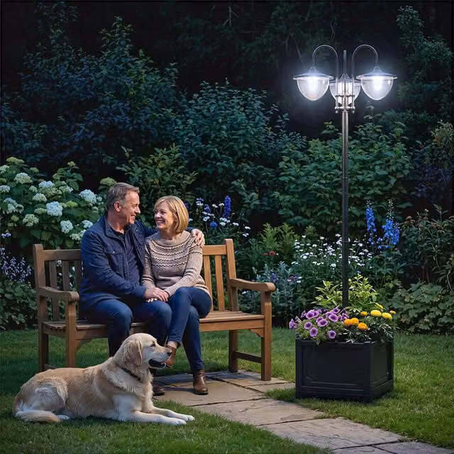 OUTSUNNY 3-Head LED Solar Street Light Post with Planter Base in Black