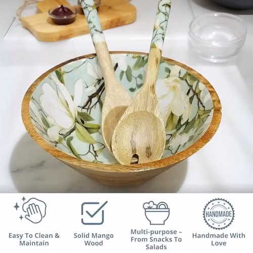 Hartsmede Snowbell Handmade Mango Wood Serving Bowl with Spoons, Green Floral Enamel Interior, 3L – 6