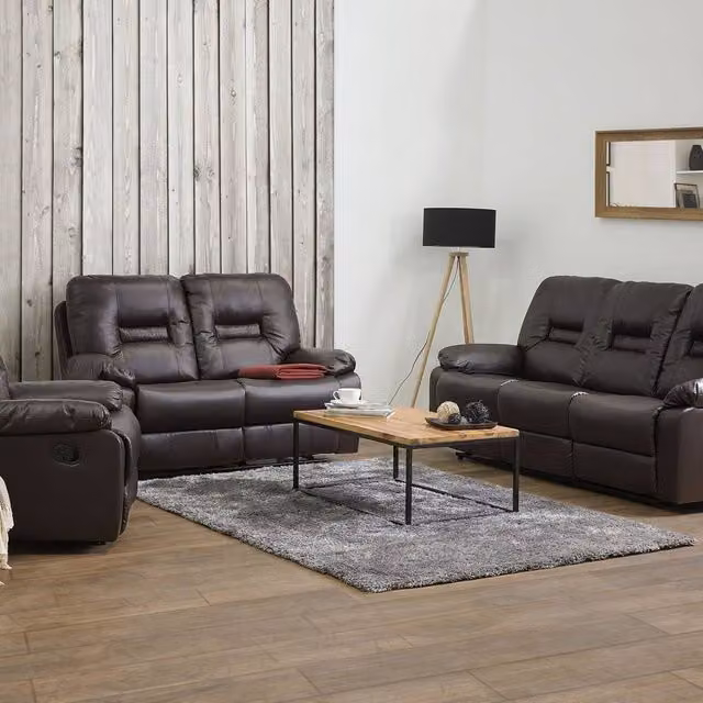Wyld and Coco Modern Brown Faux Leather 3 Seater, 2 Seater and Armchair Set with Metal Frame – 1