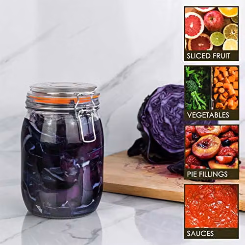 Argon Tableware Transparent Glass Jar with Airtight Metal Clip Lid and Orange Seal, 1000ml – 2