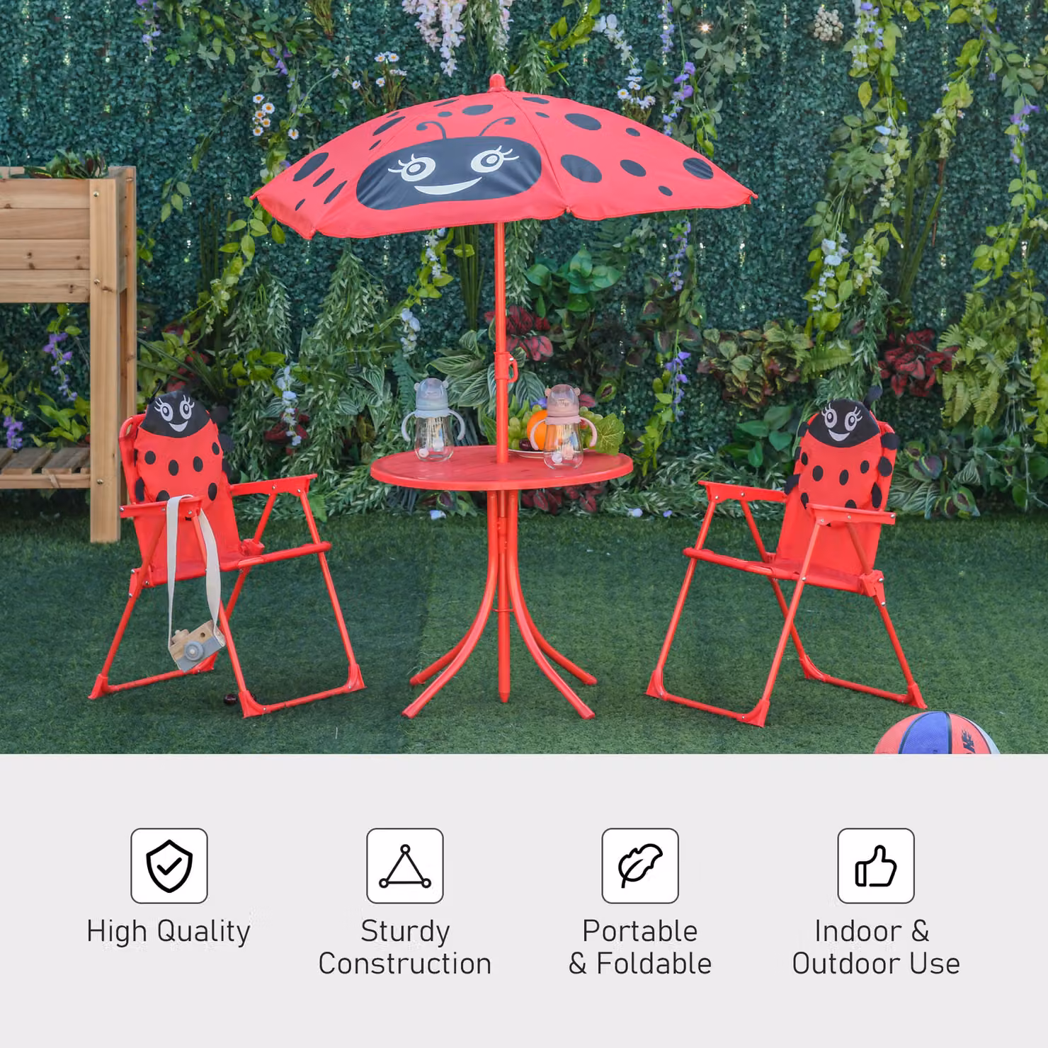 Outsunny Kids Folding Picnic Table and Chairs Set with Parasol, Ladybug Pattern, Red and Multicolour – 4