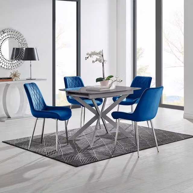 FurnitureboxUK Lira 100cm Grey Metal Extending Dining Table and 4 Pesaro Silver Chairs in Blue