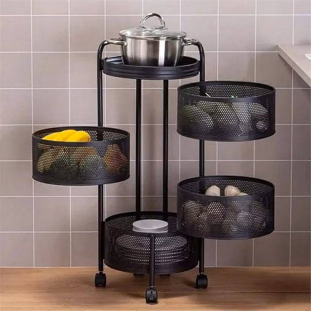 EONLION 4 Tier Rotating Kitchen Storage Trolley in Black Metal