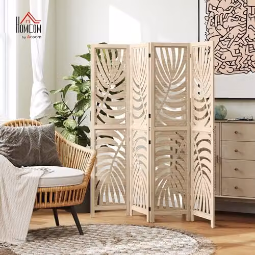 HOMCOM 4 Panel Floral Room Divider in Brown and Beige with Natural Wood Finish – 2