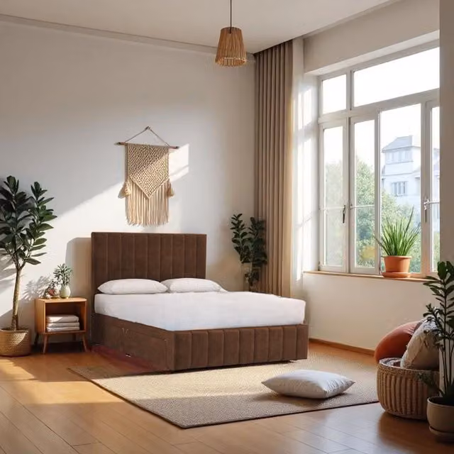 Knight Sleep Paris Double Bed and Hybrid Mattress with 2 Drawers and Upholstered Headboard in Chocolate Brown, W/D/H: 140 x 200 cm
