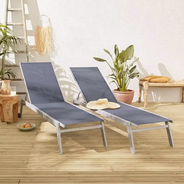 sweeek Set of 2 Multi-position Aluminium Sun Loungers with Wheels in Grey