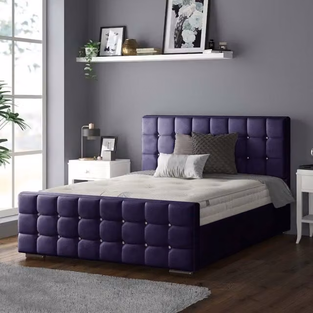 IH Design Chesterfield Upholstered Plush Velvet Bed Frame in Purple, W/D/H: 180 x 200 cm